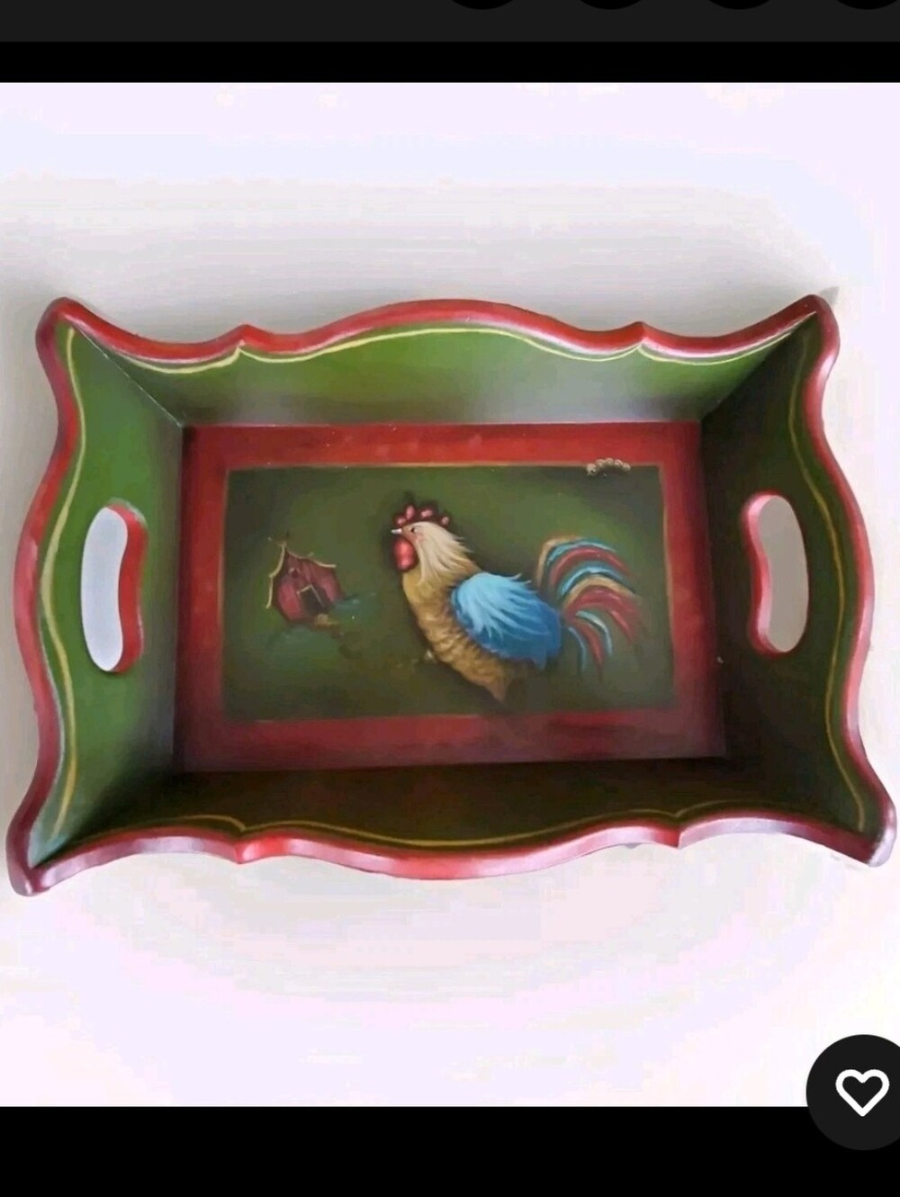 Rooster Folk Art Wood Tray. Handpainted  Farmhouse Scene Signed. USA PNW Oregon